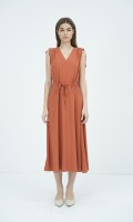 G-Ochre V-Neck Woven Flared Dress